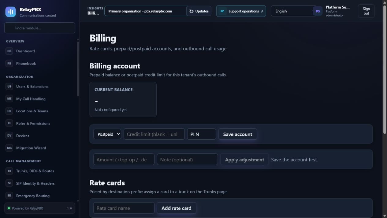 RelayPBX billing workspace with rate cards and rated usage