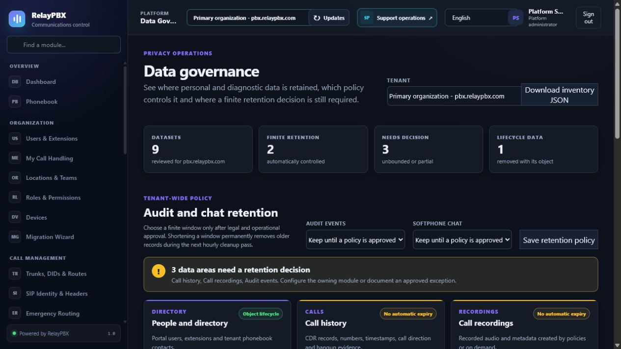 RelayPBX data governance coverage and retention controls