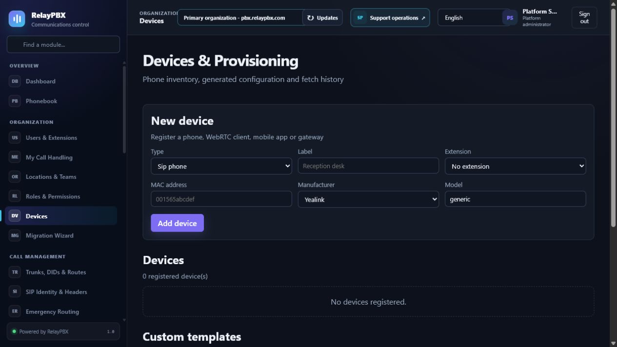 RelayPBX device registration and secure hardphone provisioning workspace