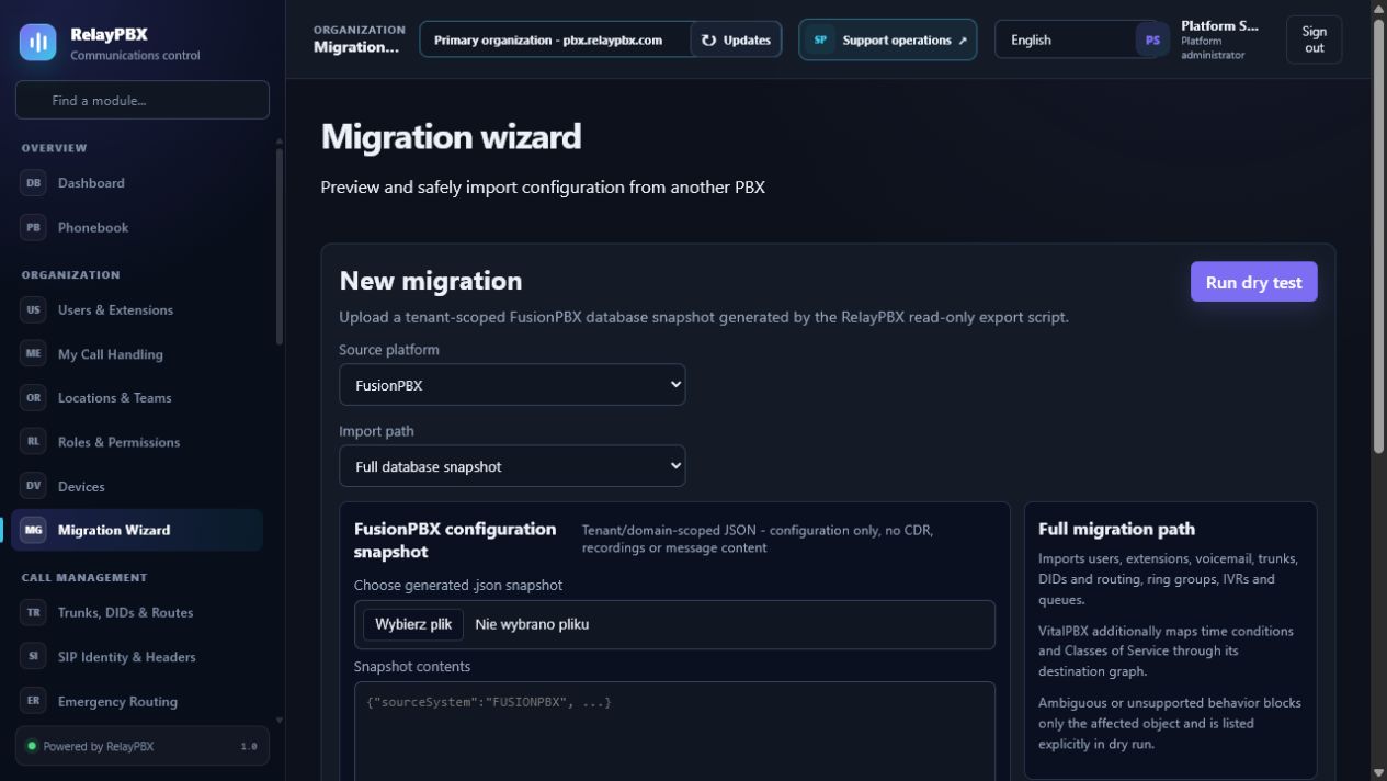 RelayPBX migration wizard configured for a FusionPBX snapshot dry test